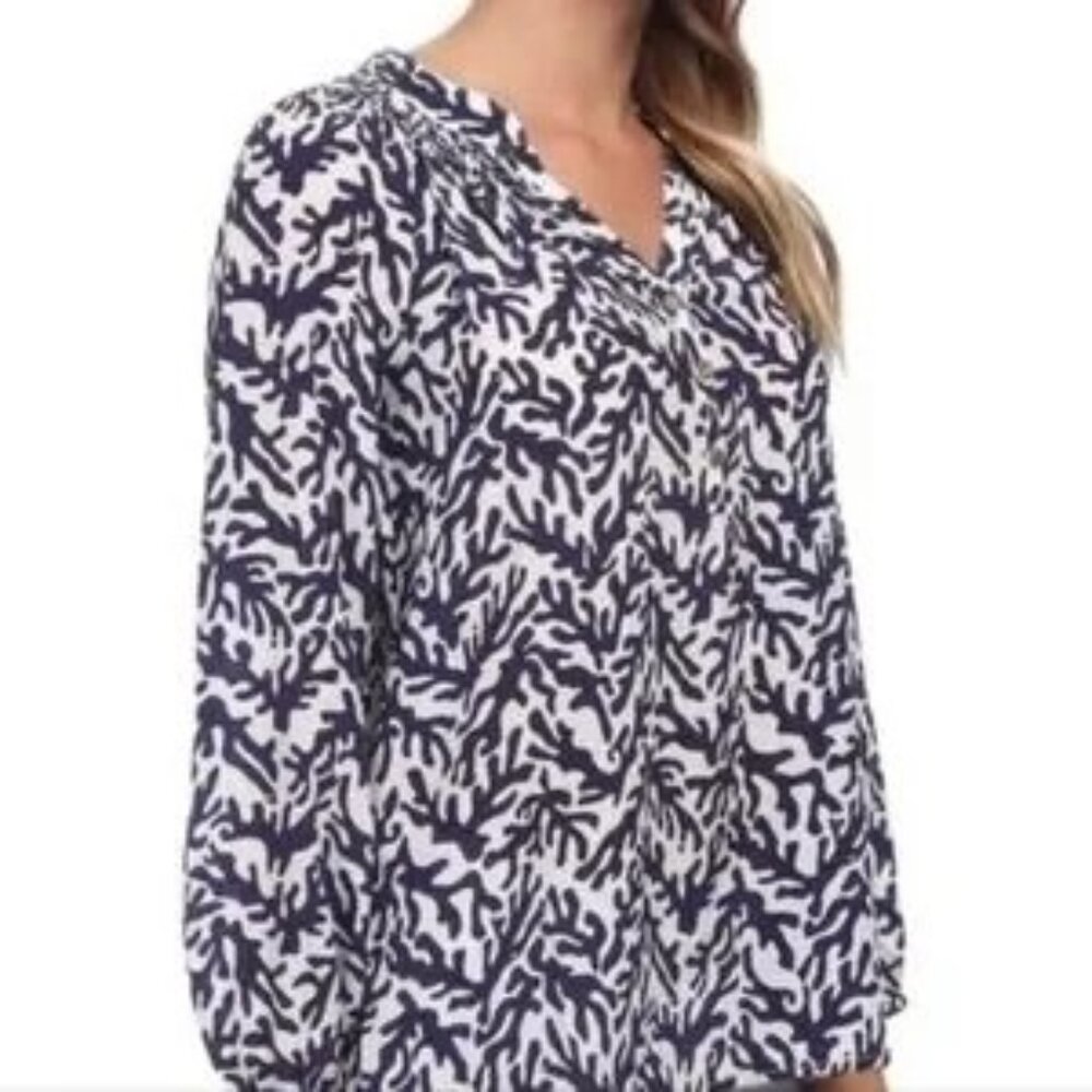 Lilly Pulitzer Women's White Navy Blue Silk Coral Elsa Blouse Top Size L 3083 - Picture 4 of 12